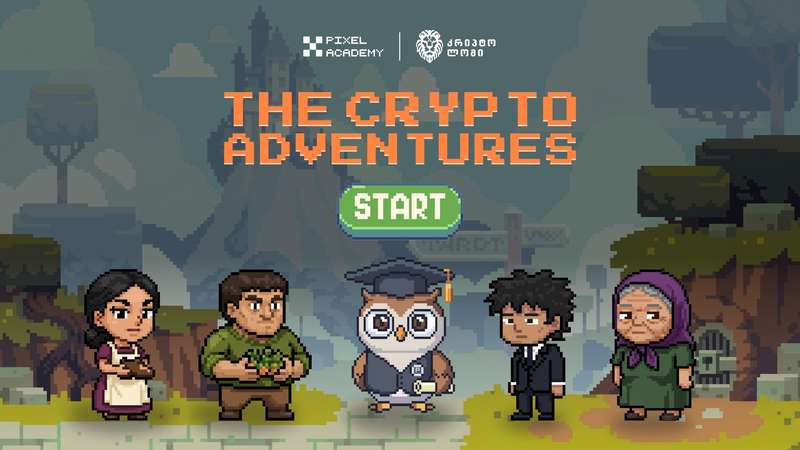 The Crypto Adventures-ის სატიტულო ეკრანი - პიქსელ-არტ პერსონაჟები: მენტორი ბუ, დამფუძნებელი, ფერმერი, ბანკირი და ბებია.